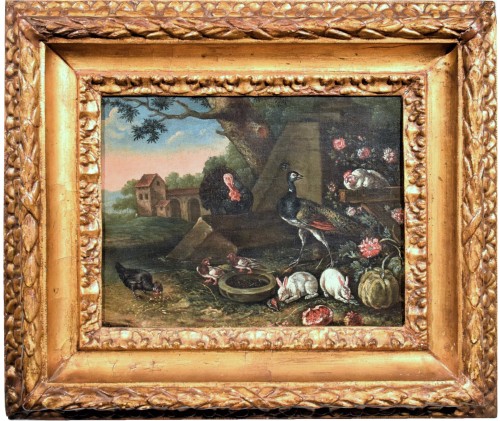 Cour de ferme avec des animaux et des Fleurs - École Flamande du XVIIe siècle